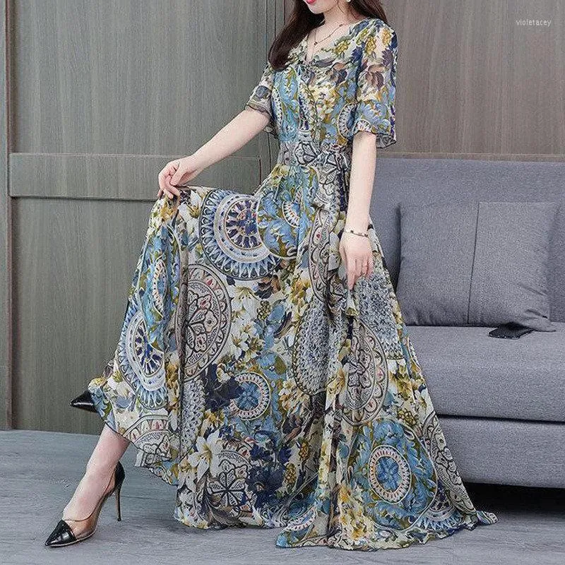 Party Dresses Vintage Boho Print Elegant Chic Maxi Dress Women 2023Summer Fashion V-neck Short Sleeve Slim Lace Up Beach Vestido