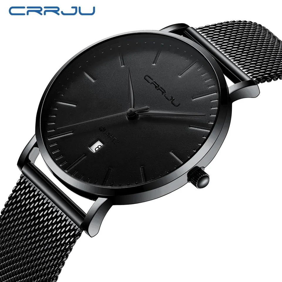 Montres de sport pour hommes CRRJU Top marque de luxe Ultra mince décontracté montre étanche à Quartz en acier complet montre pour hommes Relogio Masculino304T