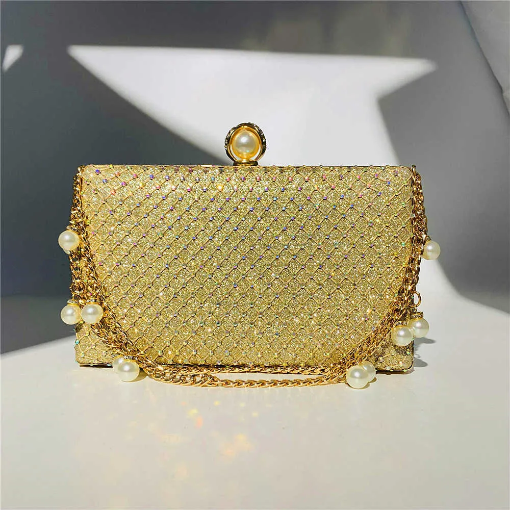 Hengmei nuova borsa con catena di diamanti a rete Borsa da donna con catena di perle per cena Borsa da sera 230309