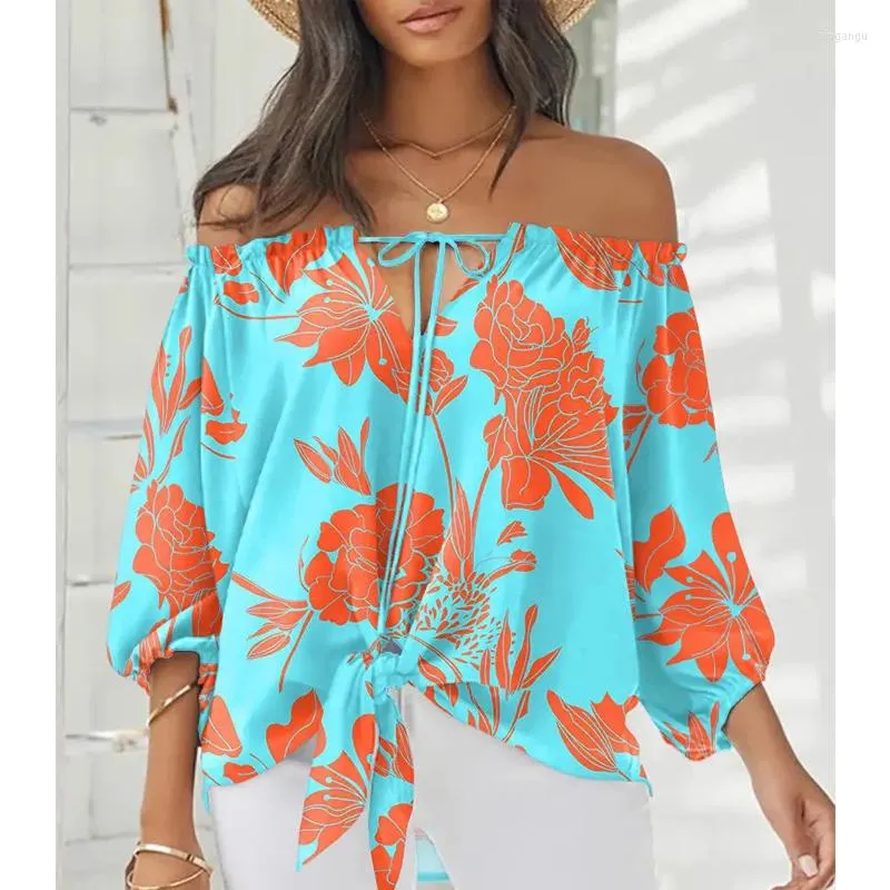 Women's Blouses 2023 Casual Summer Loose Pullover Women Fashion Flower Print Tied Detail Off The Shoulder Tops