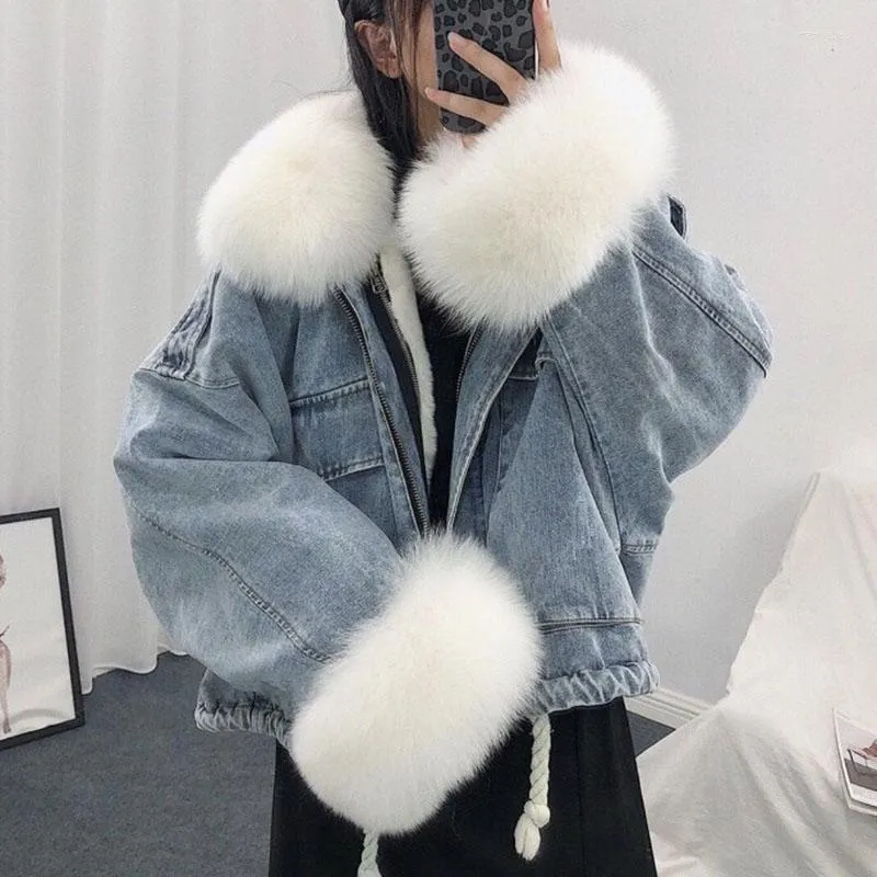 Men's Down High Quality Casual Denim Winter Women Jacket Warm Big Fur Collar And Cuff Jean Coat Thick Parker Outwear Streetwear Oversize