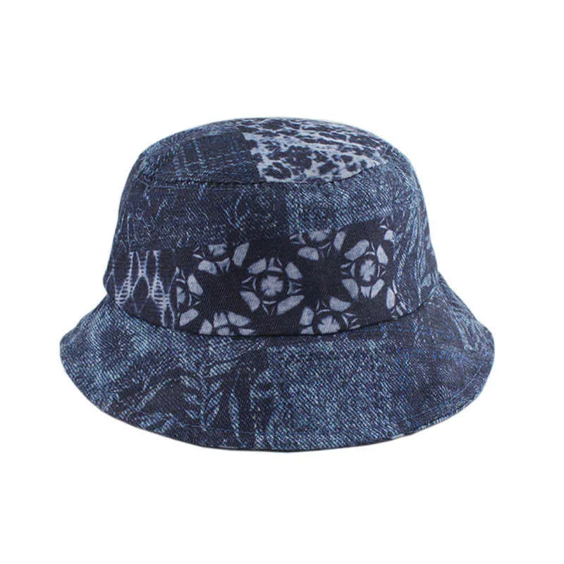 Brede rand hoeden 2021 Nieuwe mode vintage print denim emmer hoed omkeerbare bob chapeau femme hiphop cap gorro uisex visser hoed r230308