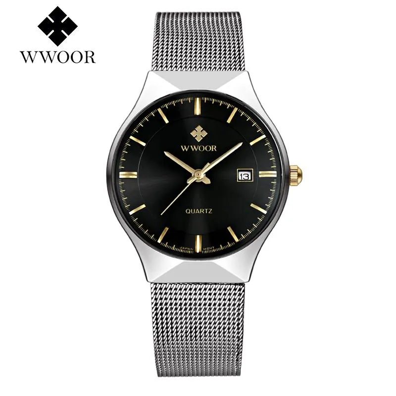 Montres-bracelets Relogio Masculino WWOOR Top marque de mode montres hommes étanche en acier inoxydable maille Quartz montre-bracelet homme argent Date horloge pour