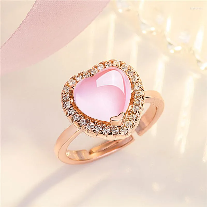 Anneaux de mariage exquis rose pierre naturelle bague en forme de coeur élégant charme femme or rose ouverture bijoux de mode fille cadeau