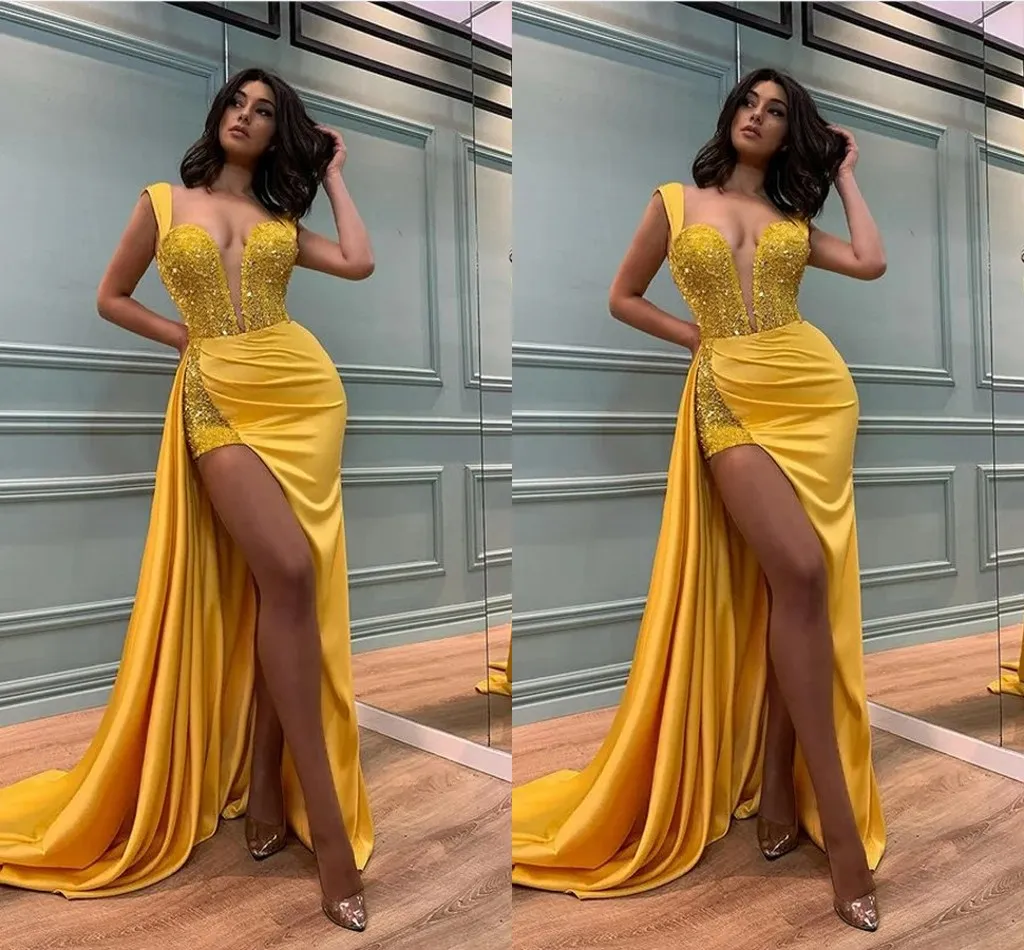 African Yellow Mermaid Prom Dresses Long for Women Beaded Sequined High Side Split Pleats Draped Party Dress Formal Birthday Pageant Celebrity Evening Gown Custom