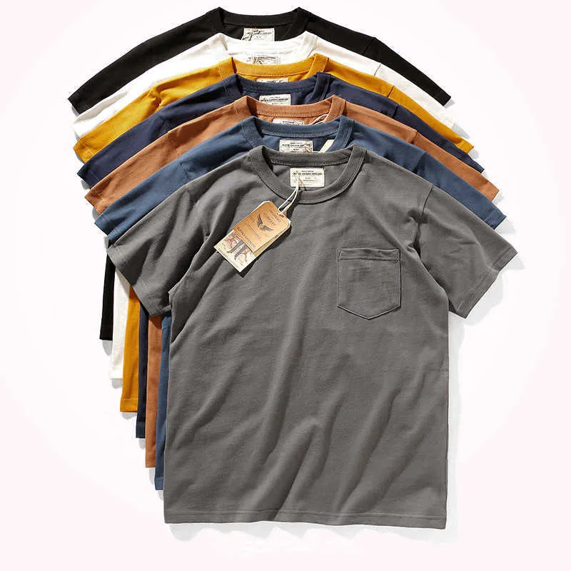 Camisetas masculinas 2021 verão nova camiseta de bolso de bolso masculino de mangas curtas de manga curta cor de pescoço redondo simples de pesco