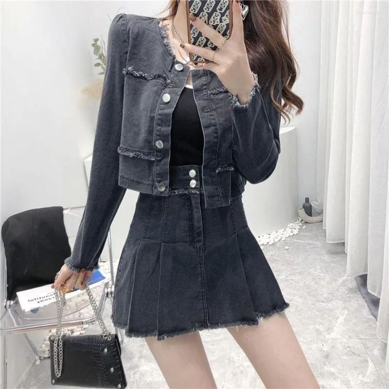 Work Dresses Autumn Spring Ladies Jacket Skirt Set Fashion Burrs Long Sleeve Denim Jackets Coat Pleated A-line Mini 2 Piece Suit Womens