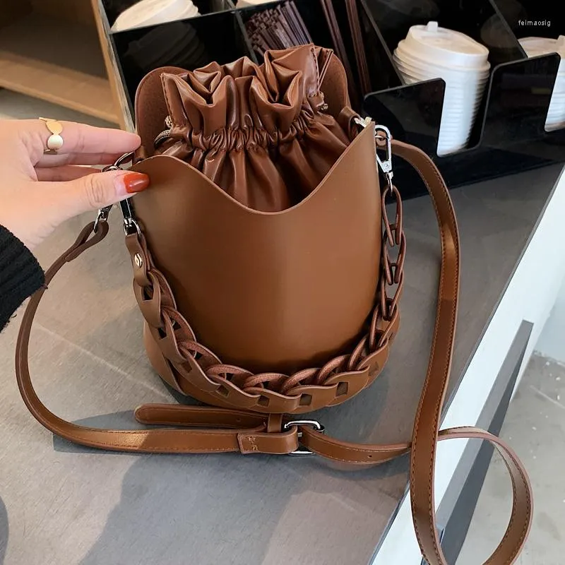 Evening Bags Solid Color Trending Small PU Leather Bucket For Women 2023 Designer Lady Drawstring Shoulder Handbags Hand Bag
