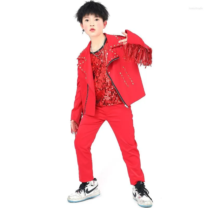 Stage Wear Hip Hop Costumes Red Fringed Jacket Sequined Vest Pants Boys Jazz Performance Clothing Children Street Dance Outfit DNV12463