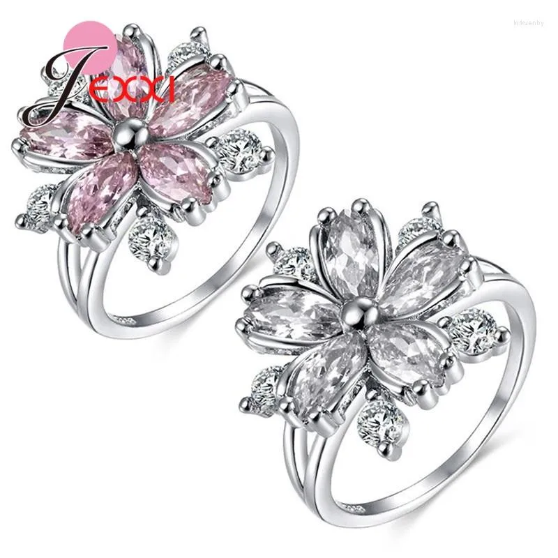 Bagues de Grappe Romantique Élégante Dames Bague Fleur De Cerisier Forme Cubique Zircone Mariage Fleurs Exquises 925 Bijoux En Argent Sterling