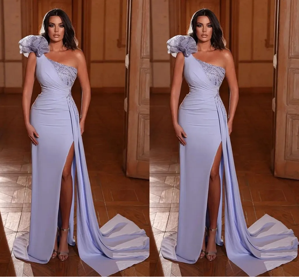 Plus Size Mermaid Evening Dresses One Shoulder Satin Pleats Draped Handmade Flowers Formal Evening Party Second Reception Birthday Engagement Pageant Gowns Dress