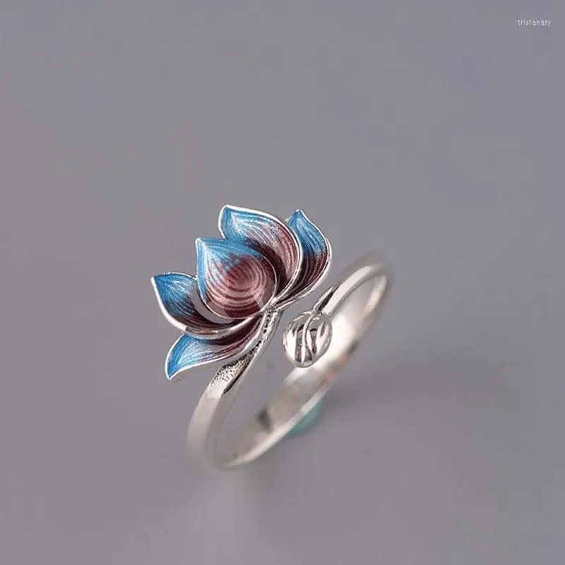Klusterringar retro ring kvinnlig brinnande blå cloisonne lotus modeöppningsjustering smycken tillbehör