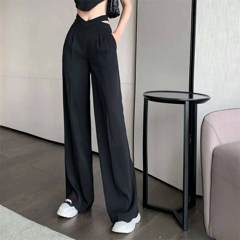 Women's Pants Capris Women's Casual Wide Leg Pants Loose Style Waist Hollow Out Office Lady Solid High Waist Wild Straight Female Long Suit Trousers 230309