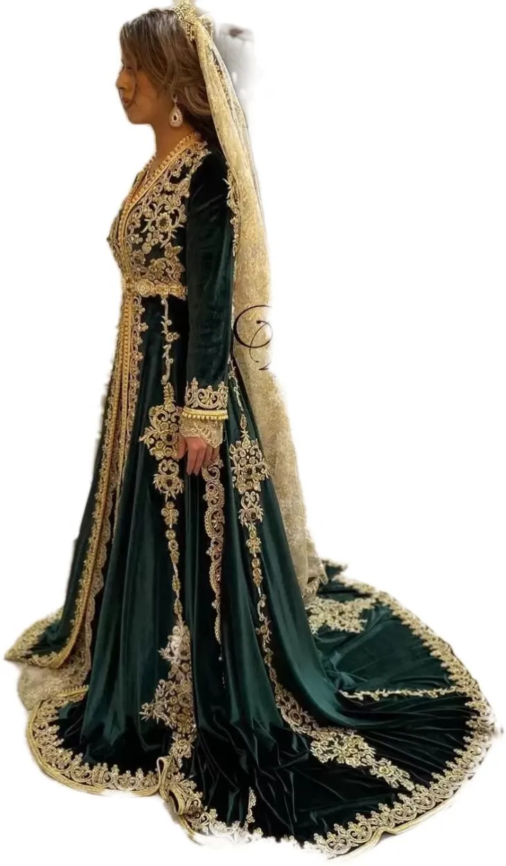 Robe De Soirée Emerald Green Velvet Kaftan Avec Applications En