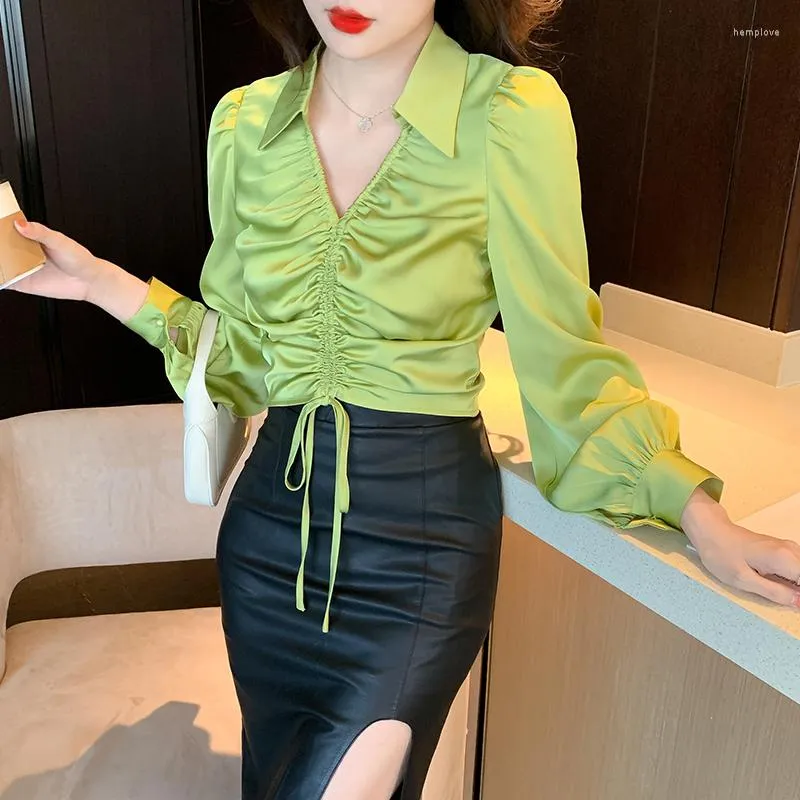 Blouses pour femmes automne à manches longues femmes chemises mode Sexy en mousseline de soie Blouse abricot col en V femme vêtements vert femme hauts 24572