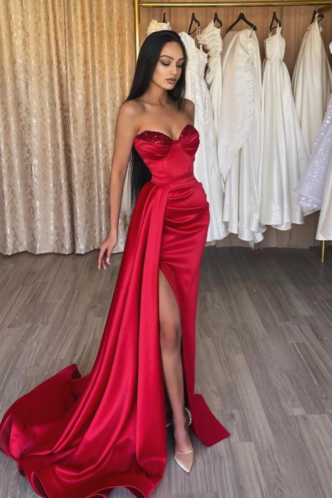 Dark red top satin prom dress