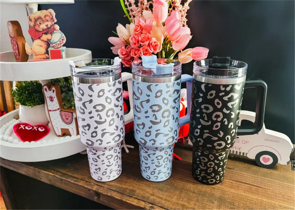stanley quencher 40oz tumbler leopard print with Logo handle lid straw beer mug water bottle powder coating outdoor camping cup vacuum insulated drinking