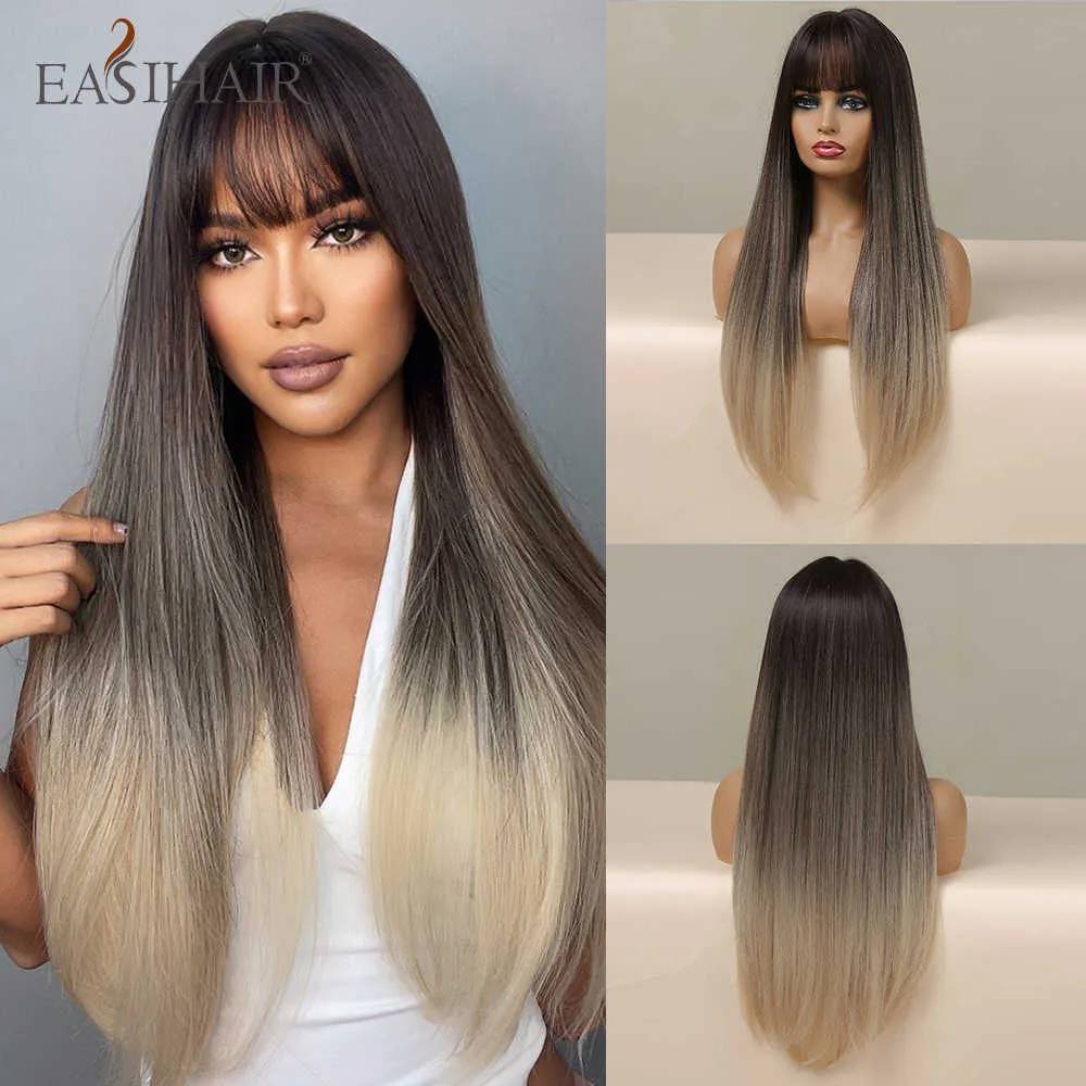 Sentetik peruklar Easihair Brown'dan Sarışın Ombre Sentetik Peruklar Patlamalar Uzun Düz Doğal Saç Kadınlar Günlük Cosplay Wig Isı Dayanıklı 230227