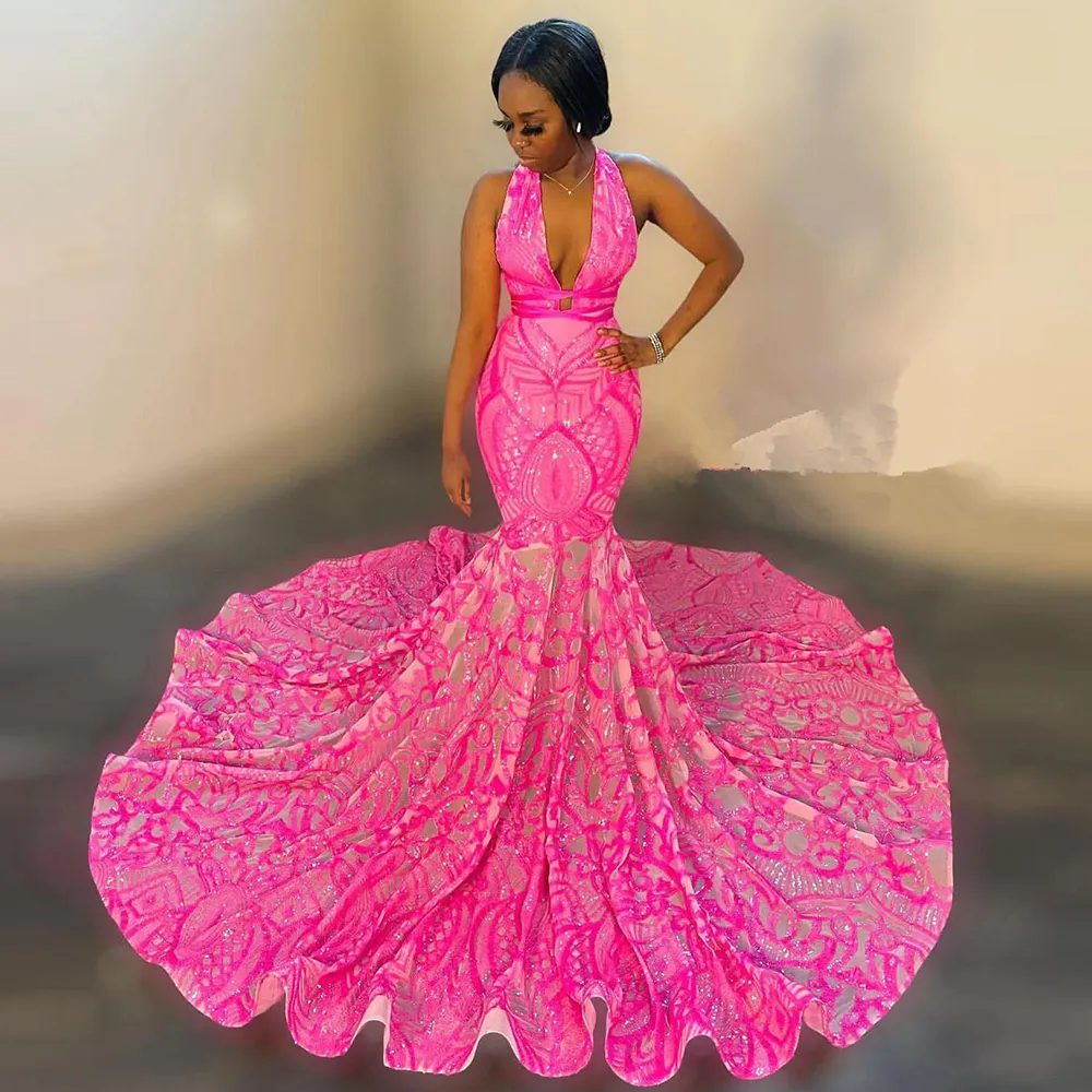 2K23 Black Girl Mermaid Prom Dresses 2023 V-hals ärmlösa paljetter glittrande afrikanska cocktail födelsedagsfestklänningar formell aftonklänning