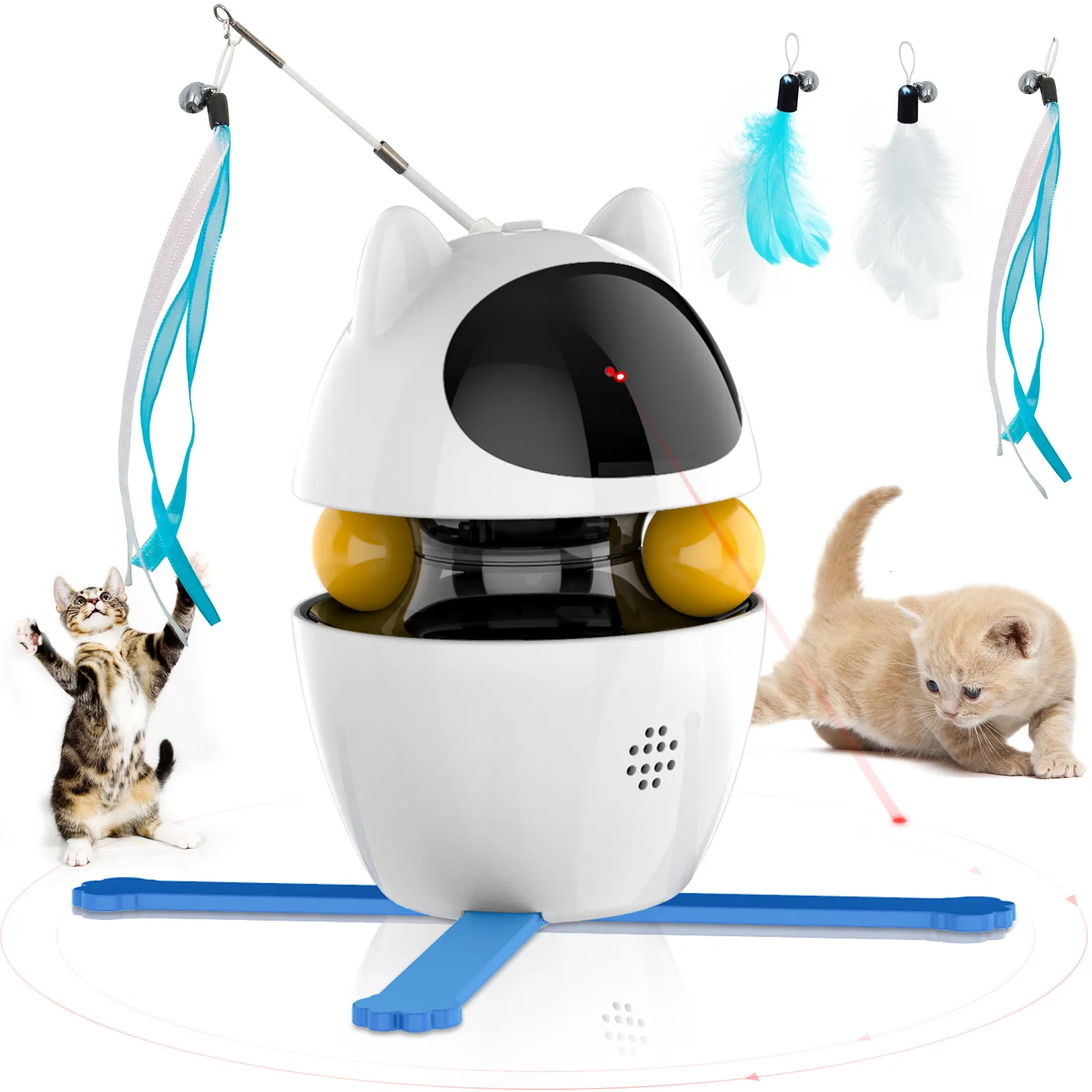 Cat Toys 4in1 inomhus elektrisk interaktiv med boll och fjäder automatisk jagning som tränar laserleksak USB laddningsbar 230309