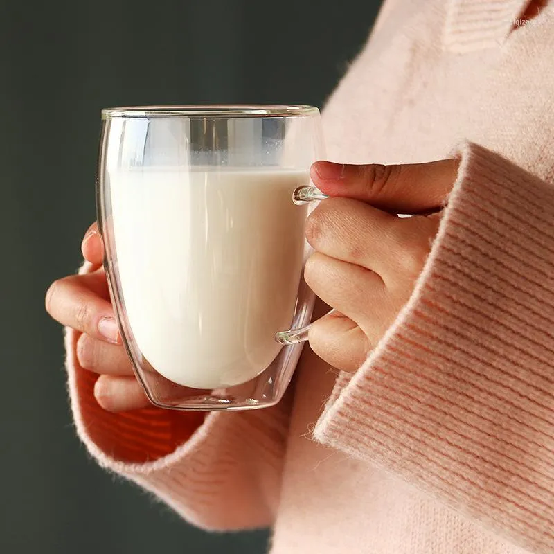 Vingglasögon originalitet dubbel däck värmesistent glas kaffemuggar transparent med kopp hanterar frukost frukt juice mjölk koppar