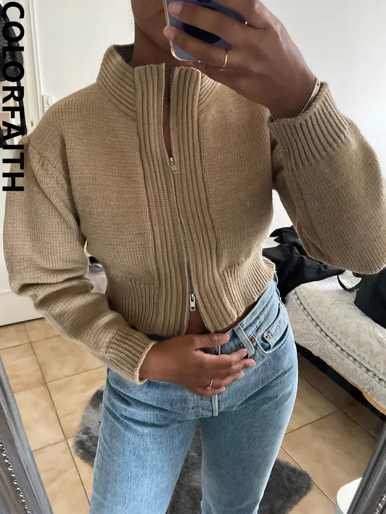 Women's Knits Tee's Tees Colorfaith SWC3217JXQ 2023 Zippers Cardigans Knitted Vintage Fashionable Elagant Autunm Winter Sweaters 230308