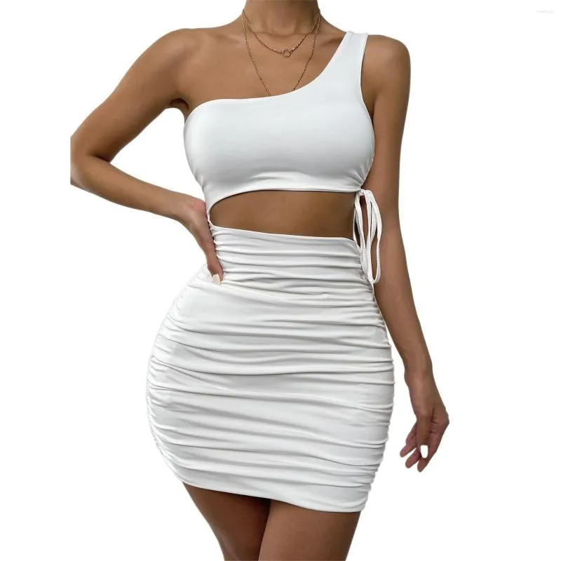 Vestidos casuales 2023 Sexy elegante Hollow Tie Up One Hombro Lápiz Vestido Mujeres Sin mangas Sin respaldo Bodycon Ruched Mini para fiesta de club