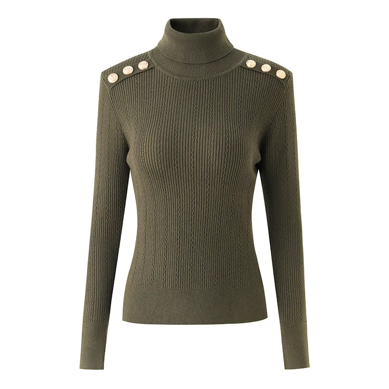 Womens Coral Red Black Turtleneck Woolen Pullover For Ladies