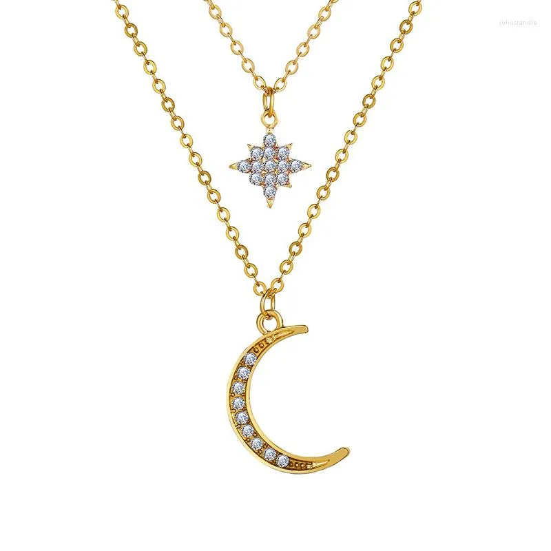 Pendanthalsband Vintage Star Moon Crystal Halsband för kvinnor Guldfärg Multilayer Horn Crescent Collier krage
