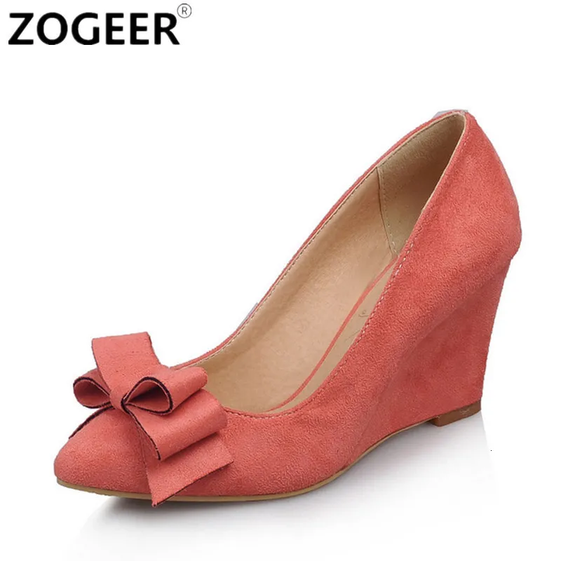 Dress Shoes Casual Wedge Shoes For Women Fashion Pink Blue Wedge Pumps Pointed Toe Flock Sweet Bow Office Wedding Shoes Spring Autumn ZOGEER 230309