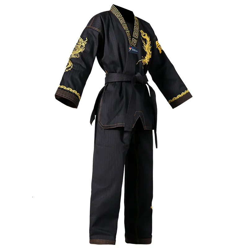 سلع رياضية أخرى Taekwondo Master Dobok Ultralight WT Poffice Polyester Suit Black Martial Arts GI مع تطريز رائع 230309