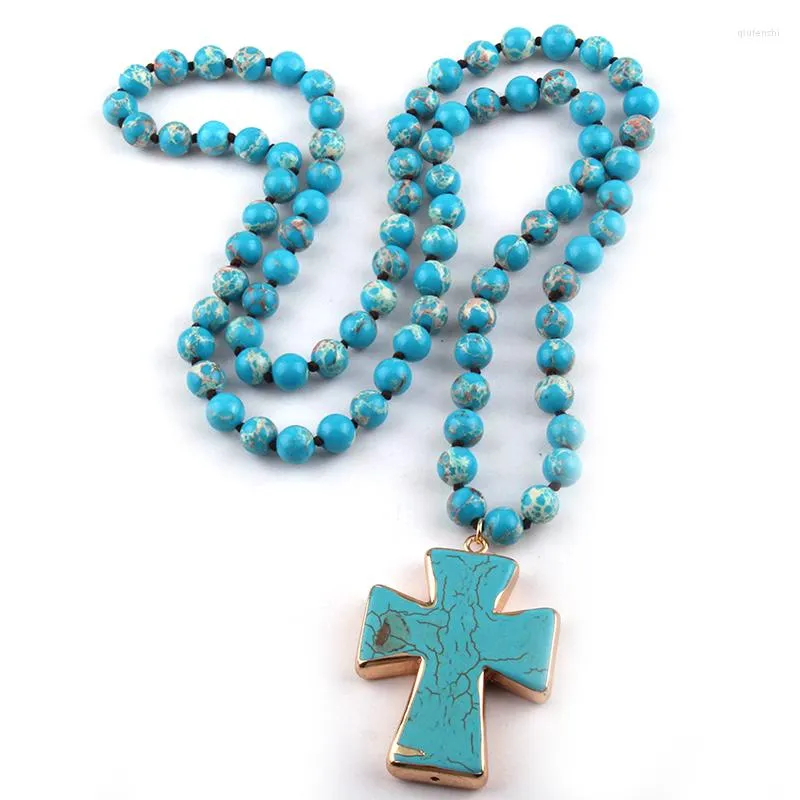 Naszyjniki wiszące Modna półprzezroczysta niebieskie imperium kamień z krzyżowym urokiem ręcznie robiony naszyjnik biżuteria