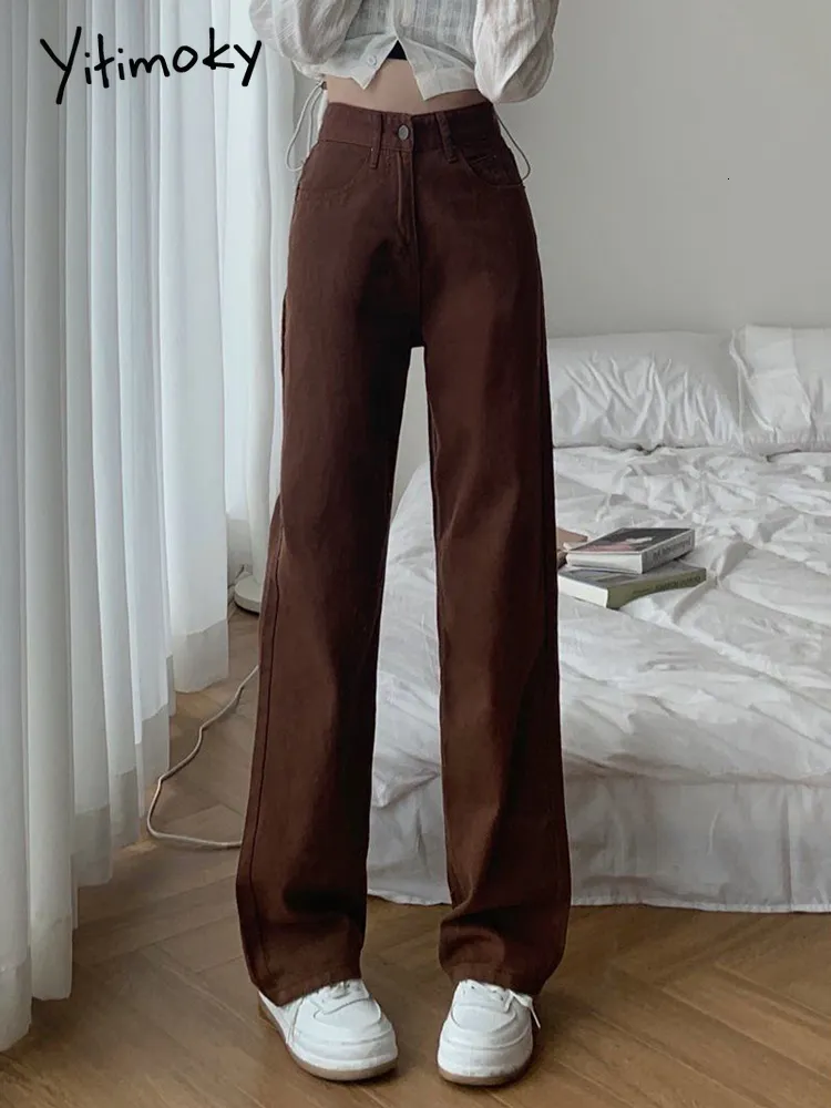 Kvinnors jeans cotvotee brown hög midja för kvinnor rakt bred ben denim y2k byxor streetwear vintage byxor mamma jean full längd 230309