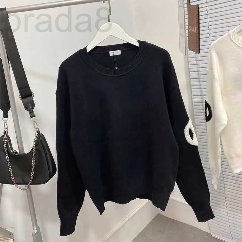 Women's Hoodies & Sweatshirts Designer Fashion Autumn Winter Knitted Sweater with Pearl Decoration for Women Black White 2Colors 98310 1D18