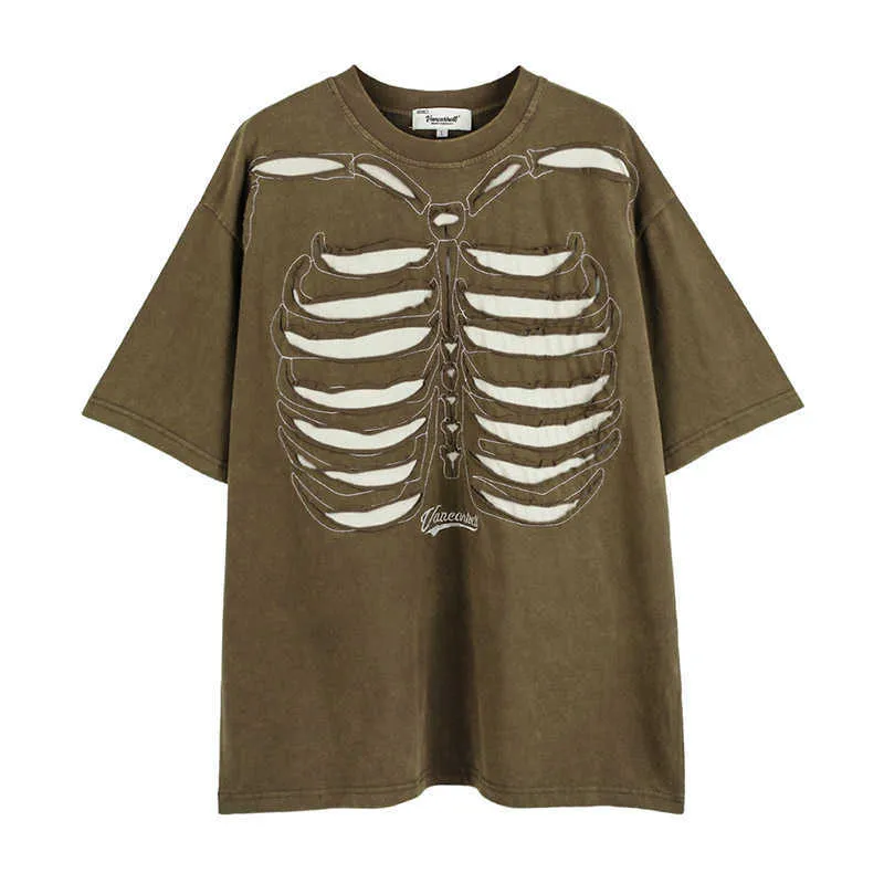 Men's T-Shirts High Street Ripped Skeleton Summer T-shirt Harakuju Streetwear Oversized Casual Top Tees For Male Patchwork G230309