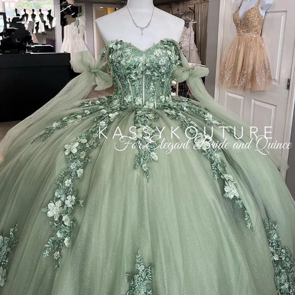 Mint Green Princess Quinceanera Dresses 2023 Floral headiques Lace-Up Corset قبالة الكتف Vestidos de 15 Anos Prom Down