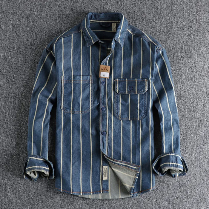 Camicie casual da uomo Camicia in denim usato lavato a righe tessute personalizzate autunno stile da lavoro da uomo camicia giovanile di tendenza retrò americana 230309