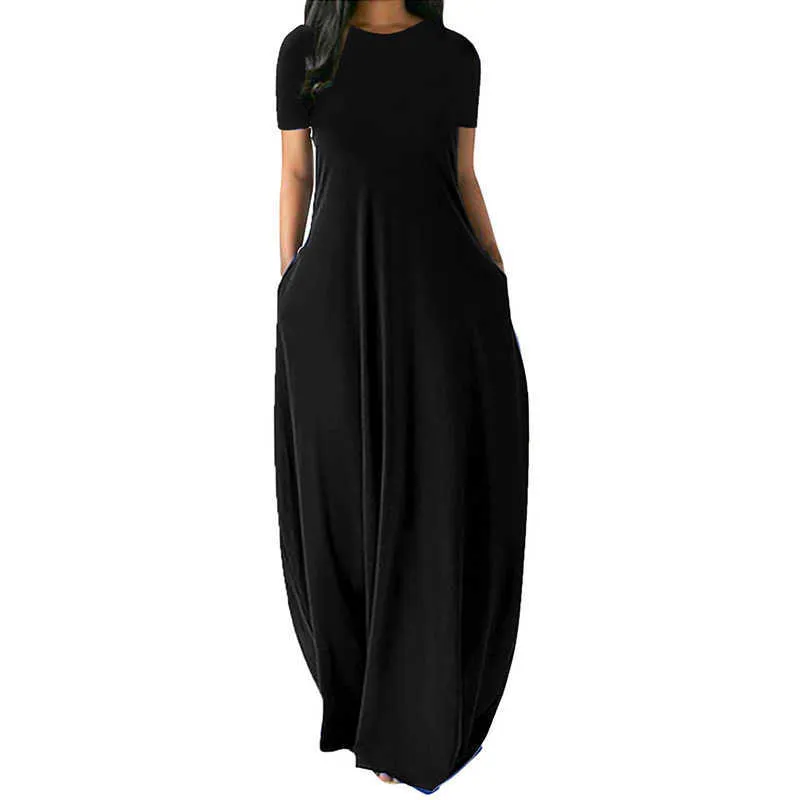 Casual Dresses Women Summer Oversize Solid O-Neck Pockets Long Female Plus Size Short Sleeve High Waist Maxi Y2302