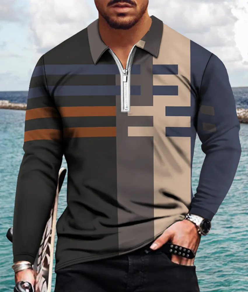 Men's TShirts Casual Spring Summer Long Sleeve Polo Shirt Zipper TShirt Geometric Splicing Printed Clothes Top Street Golf Clothi 230309