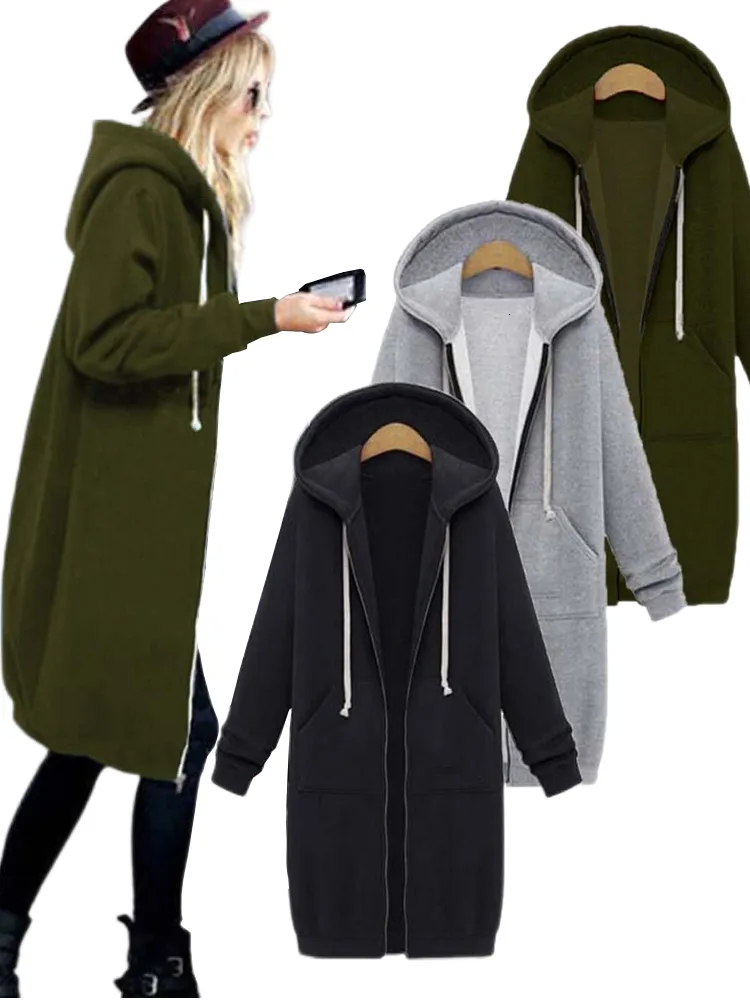 Kvinnors hoodies tröjor En gång avslappnade kvinnor långa hoodies tröja kappa zip upp ytterkläder huva jacka vinterfickor plus storlek utkläder toppar 230309