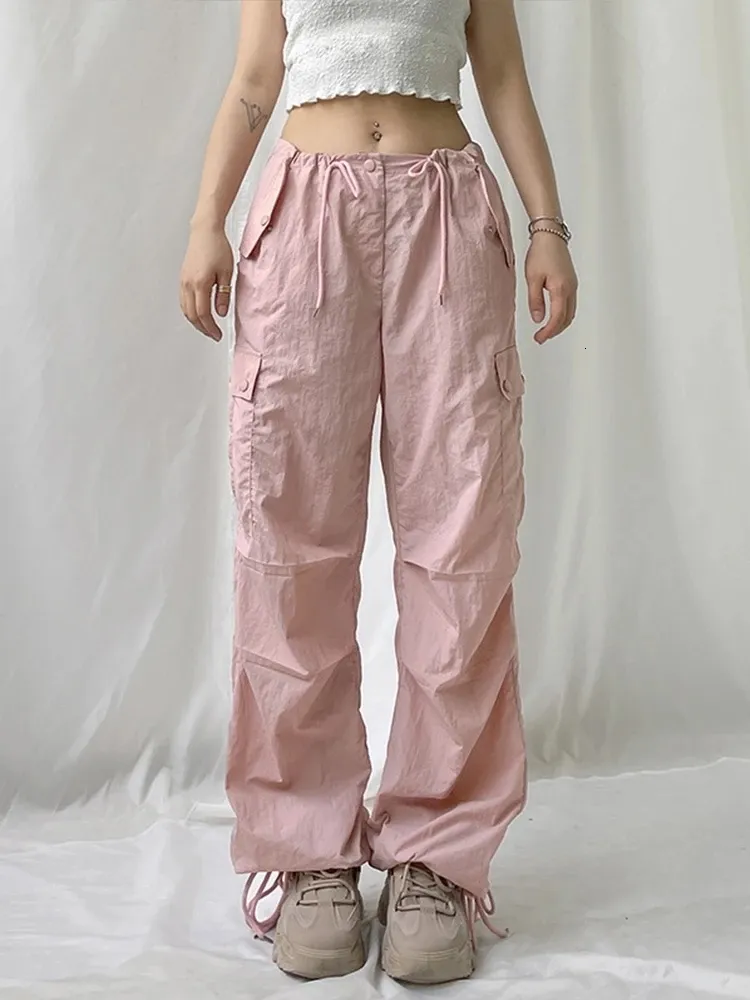 Women's Pants Capris Y2K Baggy Cargo Pants Low Rise Drawstring Fashion Pocket Kawaii Pink Casual Loose Sweatpants Women Trousers Coquette Aesthetic 230309