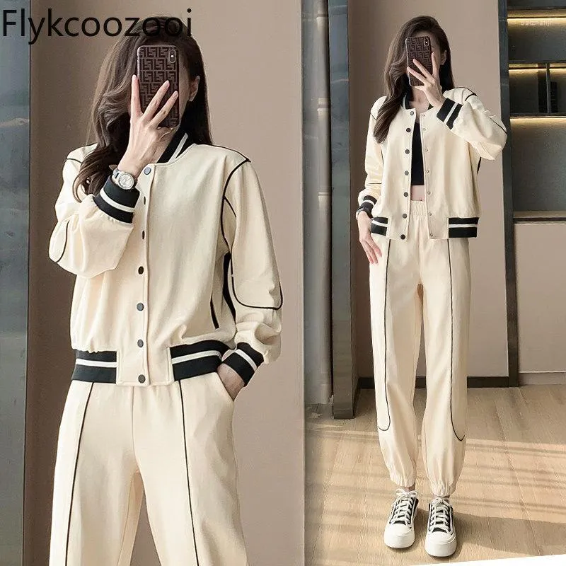 Women's Two Piece Pants Flykcoozooi Sports Sets Stand Collar Striped Cardigans Tops Leggings Trousers Casual Vintage 2023 Spring Set