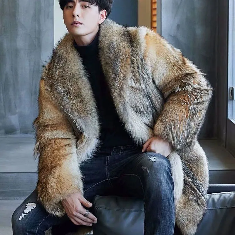 Real Wolf Fur Men de loup pour hommes beige epaisse veste de fourrure longue decontractee chaude d hiver avec fermeture de bouton recouverte 2024