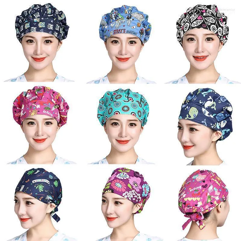 Beanies Scrubs Caps Adjustable Head Cover Bouffant Hats Sombrero Mujer Cartoon Flower Printed Cotton Washable Workwear Delm22