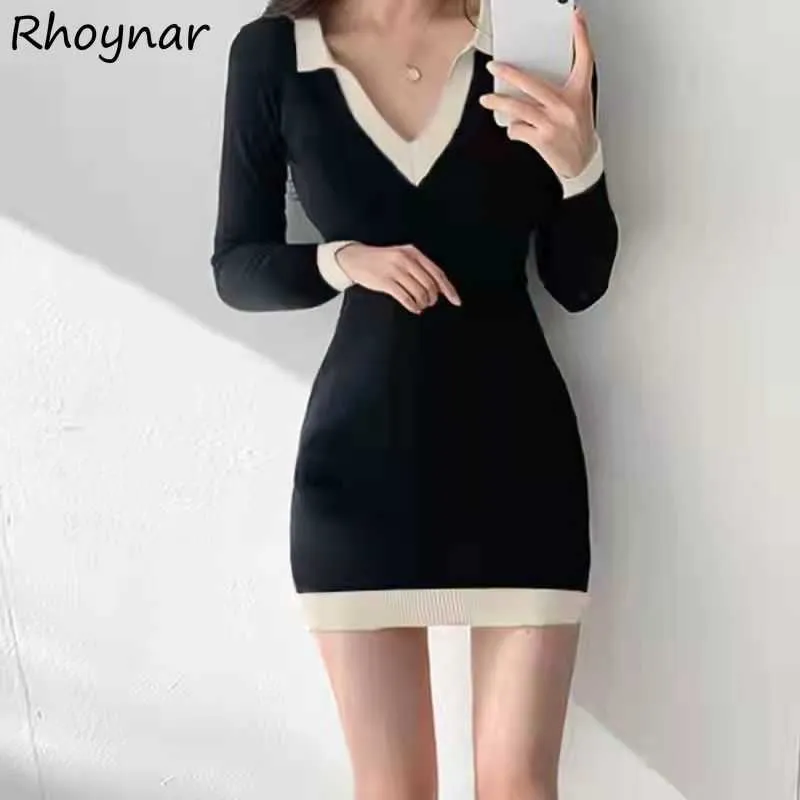 Casual Dresses Long Sleeve Dress Women Patchwork Slå ner krage Vestidos Autumn Nyligen enkla sexiga tunika Elegant Y2K Populära Ladies Street Ins Y2302