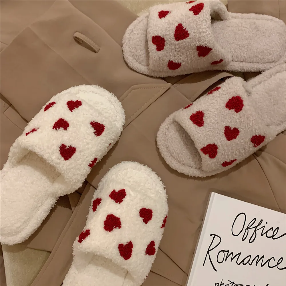 Slippers Cute Slipper For Women Girls Fashion Kawaii Fluffy Winter Warm Slippers Woman Lovely Red Heart House Slippers Funny Shoes 230309
