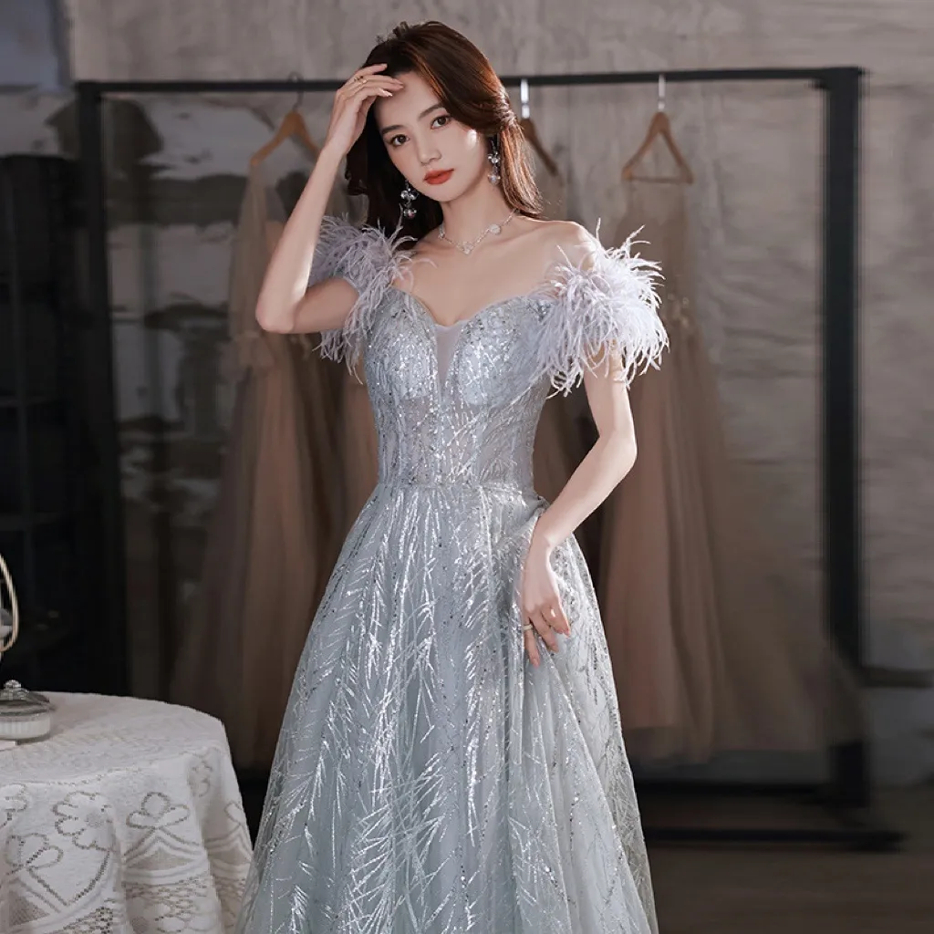 Hors épaule argent robes de soirée plume été une ligne élégante Tulle Sequin chérie cérémonie bal robes de soirée soirée nouveau