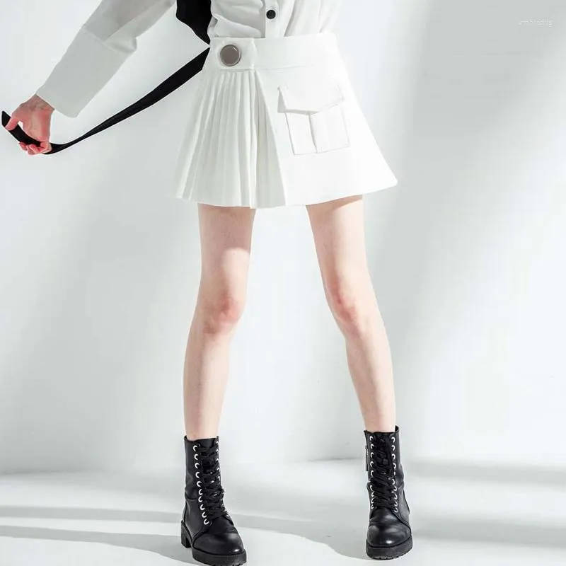 スカート女性ミニプリーツスカート非対称ポケットセクシースクールガールズショートラップモダンな衣装エレガントなカワイイファッションホワイト