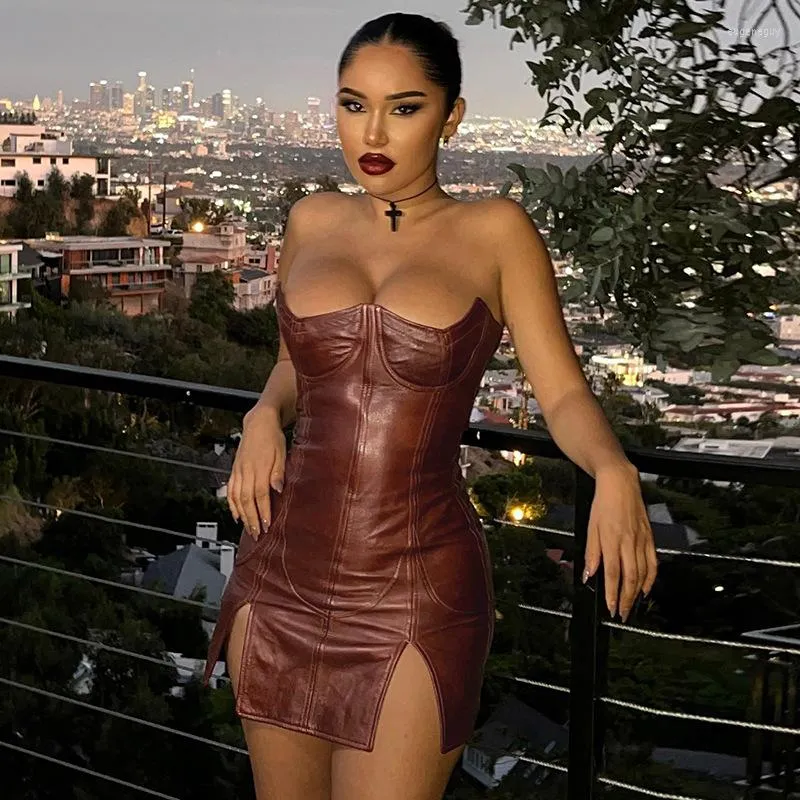 Casual Dresses PU Faux Leather Women Solid Strap Midi Dress Slit Bodycon Sexy Streetwear Party Club Festival 2023 Corset Mini