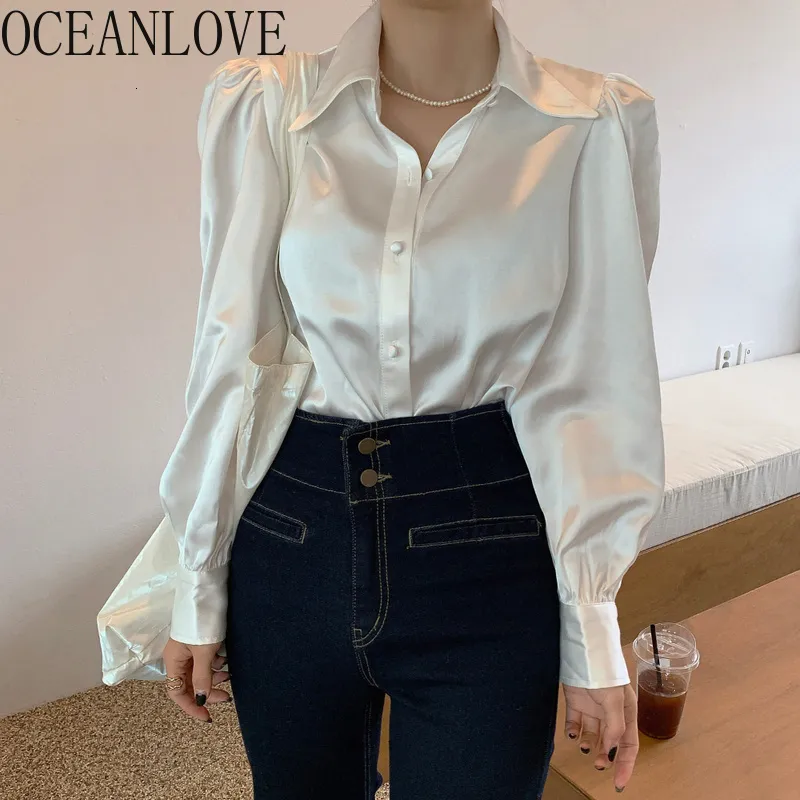 القمصان البلوزات النسائية Oceanlove ساتان Blusas Mujer Office Lady الأنيقة القمصان الكورية الصلبة الربيع